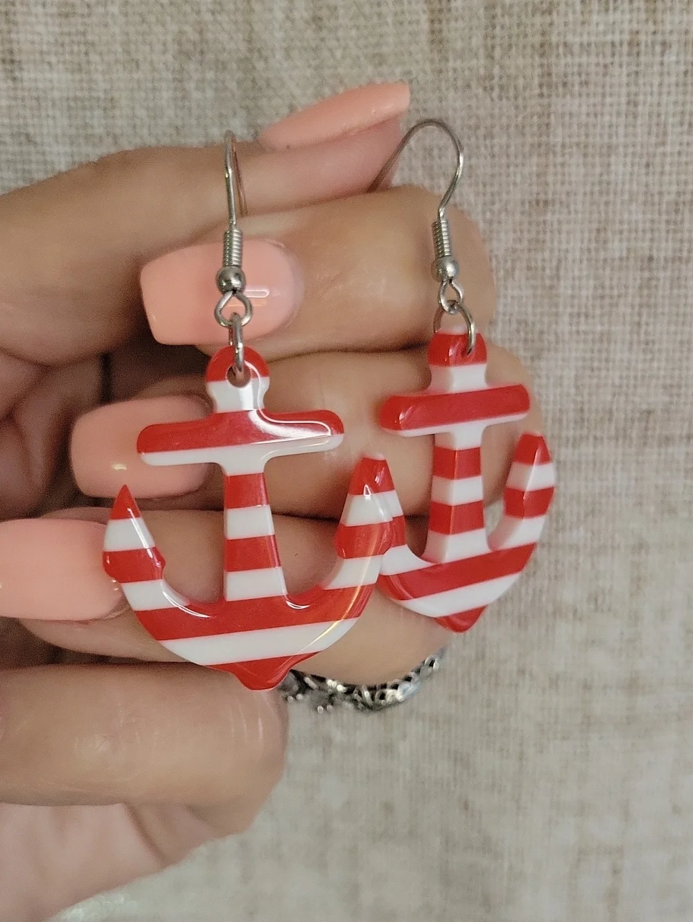 Red and White Striped Anchor Dangle Earrings